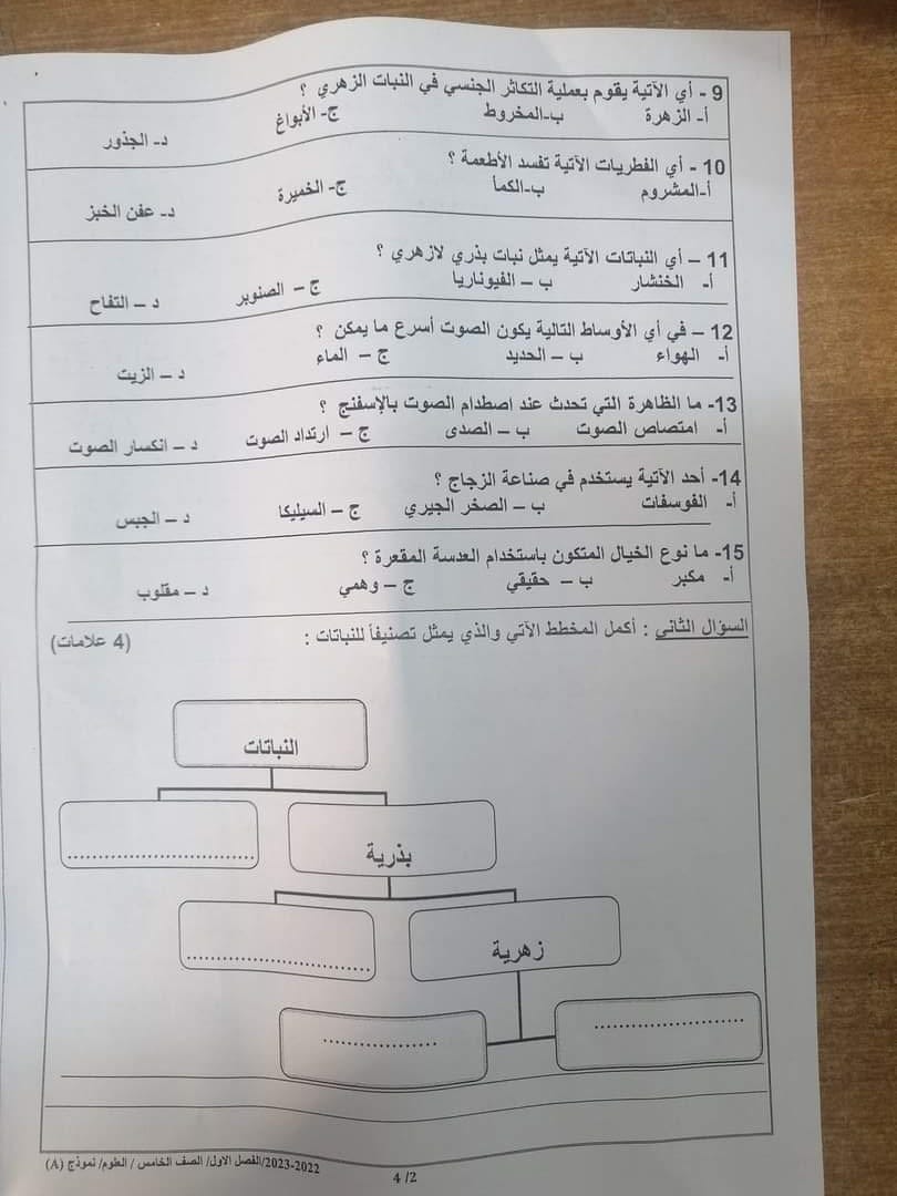 NDc4NDAyMC43MzU2 بالصور امتحان نهائي لمادة العلوم للصف الخامس الفصل الاول 2022 نموذج A وكالة